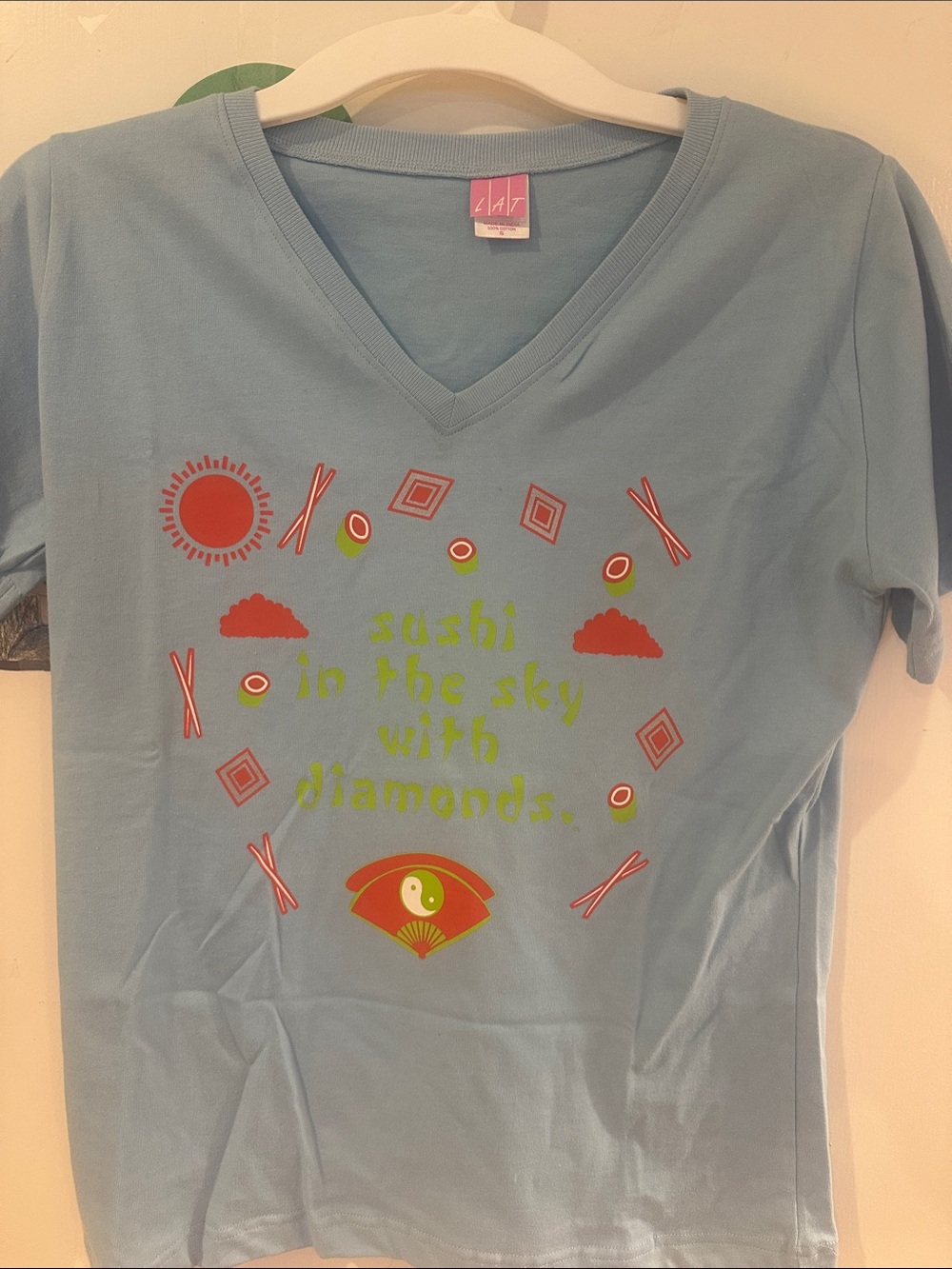 Light Blue Graphic V-Neck Tee with Sushi Design - Unknown Brand